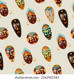Nahtlose Muster afrikanischer ritueller Masken. Vektorgrafik.