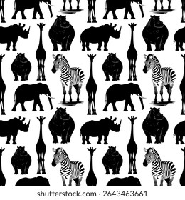 Seamless Pattern with African Safari Animals in Silhouette. Black and White Animal Pattern with Giraffes, Zebras, and Elephants
