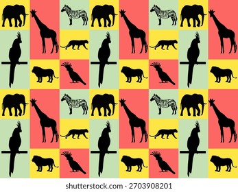 padrão perfeito com africano, safári, elefante, girafa, cacatua, papagaio, leão, pantera, zebra em quadrados coloridos, azulejos