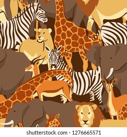 Seamless pattern with African savanna animals. Stylized illustration.