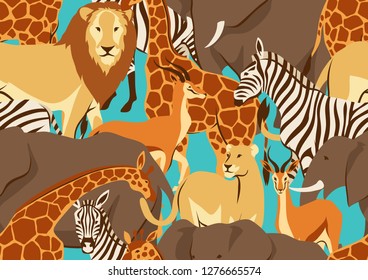 Seamless pattern with African savanna animals. Stylized illustration.