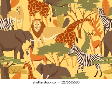 Seamless pattern with African savanna animals. Stylized illustration.