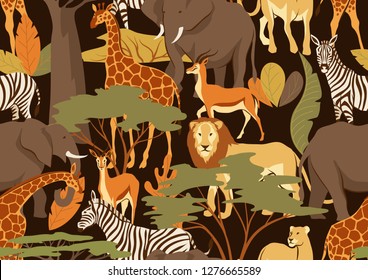 Seamless pattern with African savanna animals. Stylized illustration.