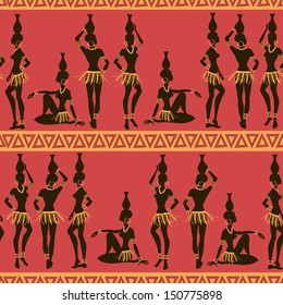 Seamless pattern of African seminude girls with crocks on the heads