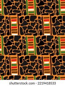 Seamless pattern african traditional style. Animal and geometric elements. African colors - black,green,red. For template by celebration Kwanzaa, black history month, for fabric, wrapping.