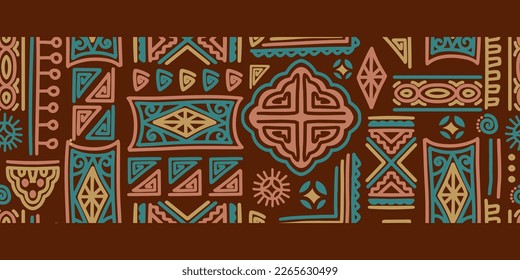 Seamless pattern african tribal motifs, ethnic background vector illustration. afro mexican border design. Aztec batik symbols. Brown colors with geometric line retro ornament decoration, ready print.