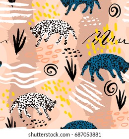 Seamless pattern in african tribal style. Texture with leopards and handcrafted textures and shapes. Perfect for fabric, textile, wrapping. Vector Illustration