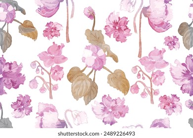 Seamless pattern with African violet flowers are isolated on the white background. Hand-drawn parts of the violets with beautifully aged effect due to watercolor texture placed above.