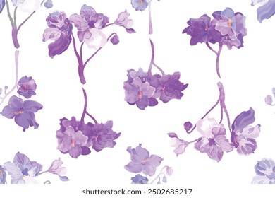 Seamless pattern with African violet flowers are isolated on the white background. Hand-drawn parts of the violets with beautifully aged effect due to watercolor texture placed above.