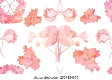 Seamless pattern with African violet flowers are isolated on the white background. Hand-drawn parts of the violets have a beautifully aged effect due to the above watercolor texture.