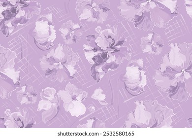 Seamless pattern with African violet flowers are isolated on the pastel-colored background. Hand-drawn parts of the violets with hand-drawn brush strokes or hatches drawn in a free style.