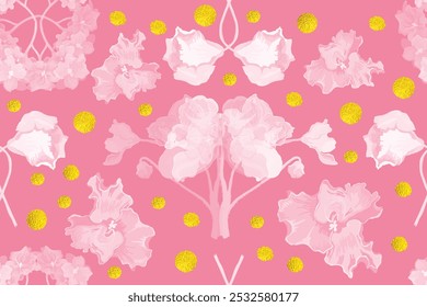 Padrão contínuo com flores violeta africanas que são isoladas no fundo pastel-colorido. Partes desenhadas à mão das violetas com pontos dourados são colocadas esporadicamente sobre o fundo plano.