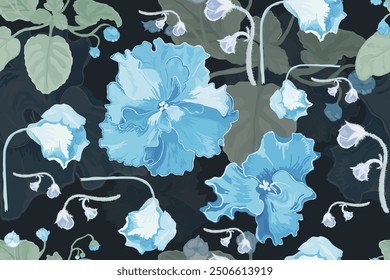 A seamless pattern with African violet plant parts is isolated on the dark background. The big semi-transparent flowers on the bottom layer give the effect of deepness.