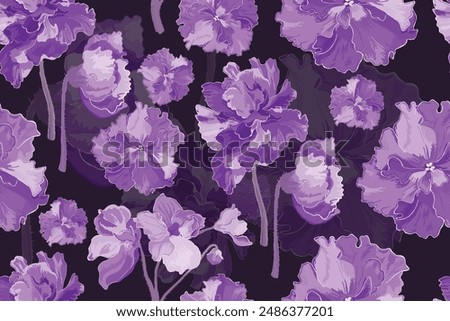 A seamless pattern with African violet plant parts is isolated on the dark background. The big semi-transparent flowers on the bottom layer give the effect of deepness.