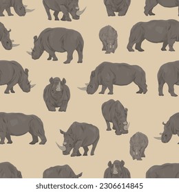 Seamless pattern with African white rhinos in different poses. White rhinos and their cubes. realistic vector animal