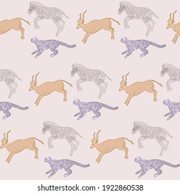 Patrón sin foco con animales salvajes y plantas africanas. Ilustración vectorial editable.