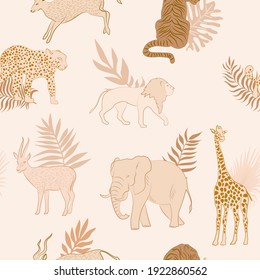 Seamless pattern with African wild animals and plants. Editable vector illustration.