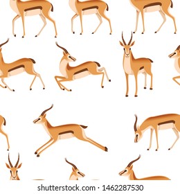 Seamless pattern of african wild black-tailed gazelle with long horns cartoon animal design flat vector illustration on white background side view antelope