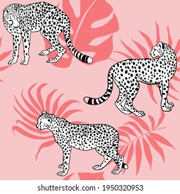 Patrón sin foco con gatos salvajes africanos leopardos al fondo de palmeras de hojas tropicales. Ilustración vectorial. Textura exótica para impresión en tela, textil, papel pintado.