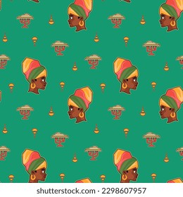 Seamless pattern with african woman on the green background