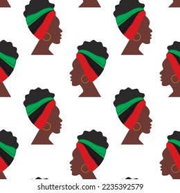 Seamless pattern of African woman profile with headband in national colors turned in different path