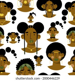 Seamless pattern of African women faces. Flat vector illustration.