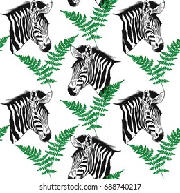 Seamless Pattern with African Zebra and leaves of fern. Natural Wildlife Pattern.