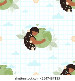 Seamless pattern with afro american Woman with long hair hugs green planet Earth on white checkered background with clouds. Vector illustration. Eco friendly Nature and environmental care. Earth Day