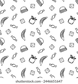 Seamless pattern with after school snack on transparent background in doodle style. Sketch drawn by hand.