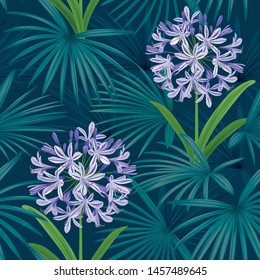 Seamless pattern of Agapanthus or African lily flowers with palm leaf background template. Vector set of blooming floral for holiday invitations, greeting card and fashion design. svg