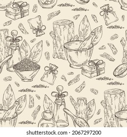 Seamless pattern with agar wood: oud tree, leaves, piece of agar wood, bath salt, soap and beauty products. Agalloch tree. Cosmetic, perfumery and medical plant. Vector hand drawn illustration