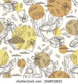Seamless pattern with agar wood: oud tree, leaves, piece of agar wood, bath salt, soap and beauty products. Agalloch tree. Cosmetic, perfumery and medical plant. Vector hand drawn illustration