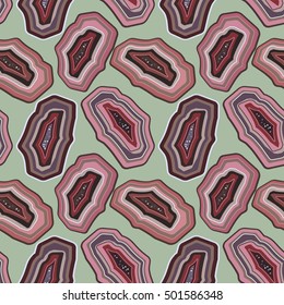 Seamless pattern with agate stones in soft pastel colors - pink, purple, beige on light green background. Vector stock illustration. EPS 8.