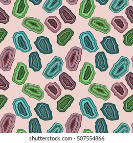 Seamless pattern with agate stones in soft pastel colors - pink, purple, green, blue on light pink background. Vector stock illustration. EPS 8.