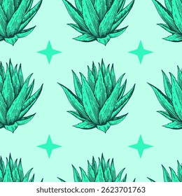 Padrão contínuo com planta agave. Ilustração desenhada à mão em estilo de gravação. Impressão retrô vetorial para design.