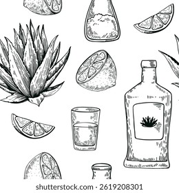 Seamless pattern with agave plant, lemon and tequila. Hand drawn illustration in engraving style. Vector retro print for design.