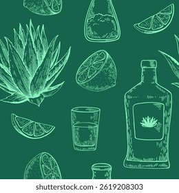 Seamless pattern with agave plant, lemon and tequila. Hand drawn illustration in engraving style. Vector retro print for design.