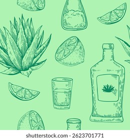 Padrão contínuo com planta agave, limão e tequila. Ilustração desenhada à mão em estilo de gravação. Impressão retrô vetorial para design.