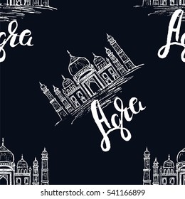 Seamless pattern, Agra label with hand drawn the Taj Mahal, lettering Agra on dark blue background