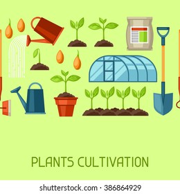 Seamless pattern with agriculture objects. Instruments for cultivation, plants seedling process, stage plant growth, fertilizers and greenhouse.