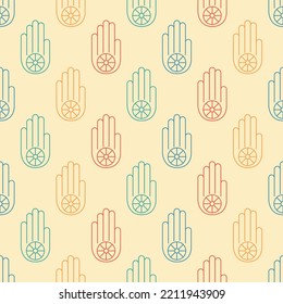 Seamless pattern with Ahimsa hand. Symbol of Jainism in retro color. Symbol of Ahimsa. Non-violence concept. Vintage design for print on fabric, wrapping paper, wallpaper. Vector illustration