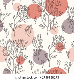 Seamless pattern with ahnfeltia plicata: ahnfeltia plicata seaweed, sea kale.  Red algae. Agar agar. Edible seaweed. Vector hand drawn illustration.