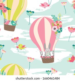 Seamless pattern with air ballons and spring cute animals. Vector print for spring, easter design. Scandinavian style hand drawn illustration for baby apparel, wallpaper, children clothing, fabric