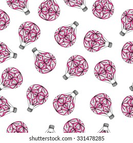 Seamless pattern with air balloon colored in pink.  Repeating  pattern with flying air balloons with basket. Vector illustration. 