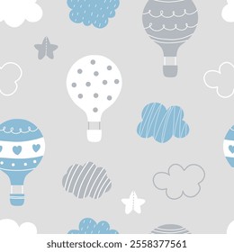 Seamless pattern with air balloons, cloud and star in Scandinavian style for your fabric, children textile, apparel, nursery decoration, gift wrap paper, baby's shirt. Vector illustration