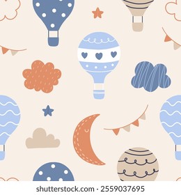 Seamless pattern with air balloons, cloud, moon and star in Scandinavian style for your fabric, children textile, apparel, nursery decoration, gift wrap paper, baby's shirt. Vector illustration