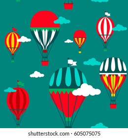 Seamless pattern with air balloons and clouds. Vector illustration.