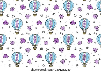 seamless pattern air balloons and leaves clover on white background