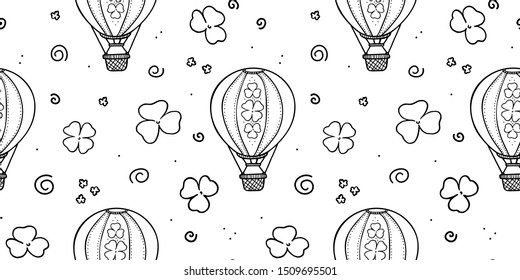 seamless pattern air balloons and leaves clover on white background