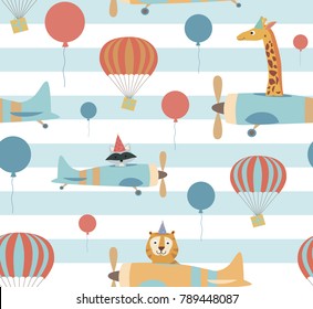 Seamless pattern with air balloons and plane. Vector Illustration